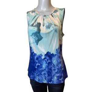 Tahari Womens Tie Dye Tank Top Pleated Neck 7289M480 Sleeveless Blue White SZ S